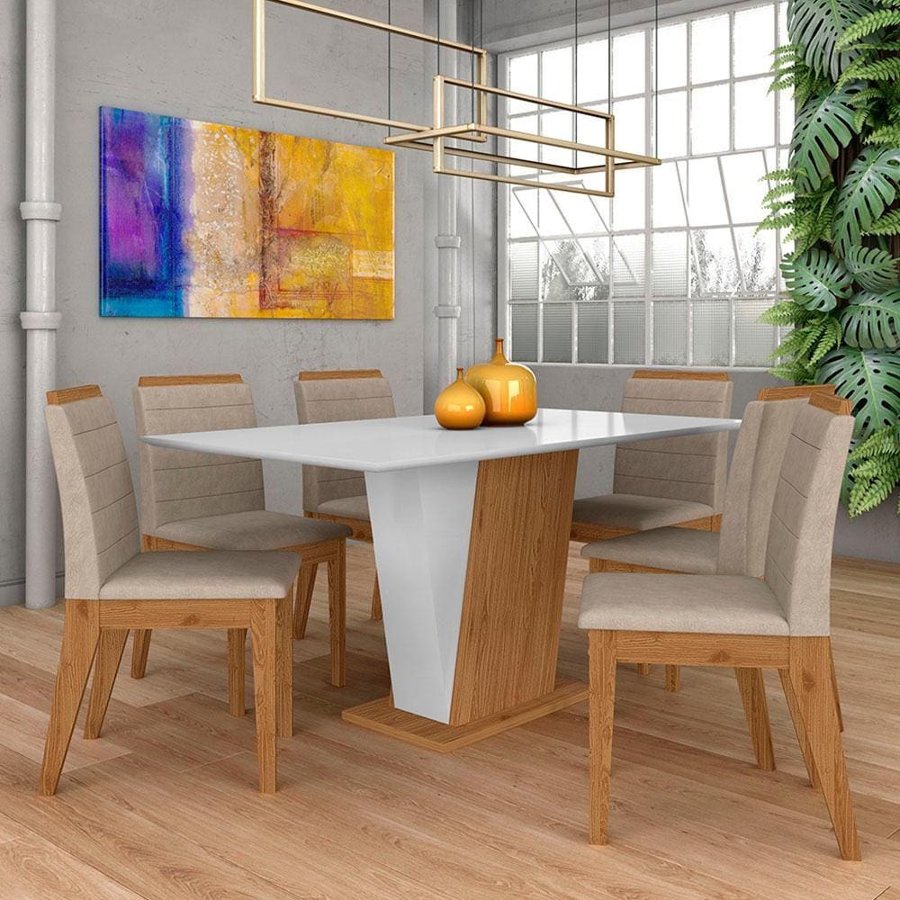 Mesa Com 6 Cadeiras Qatar 1,60 Cin/off White/bege - Móveis Arapongas
