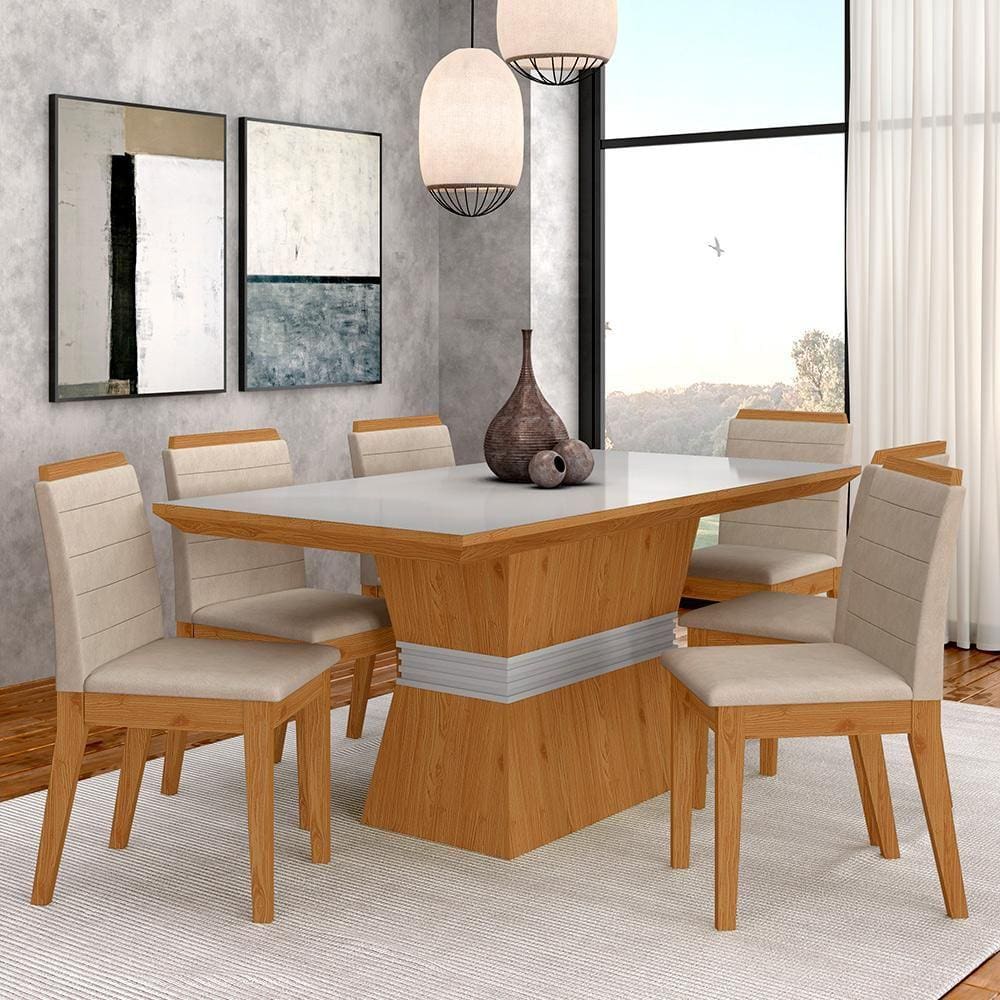 Conjunto Mesa De Jantar 6 Cadeiras Nairóbi Cinam/off Whi/bege - Ma