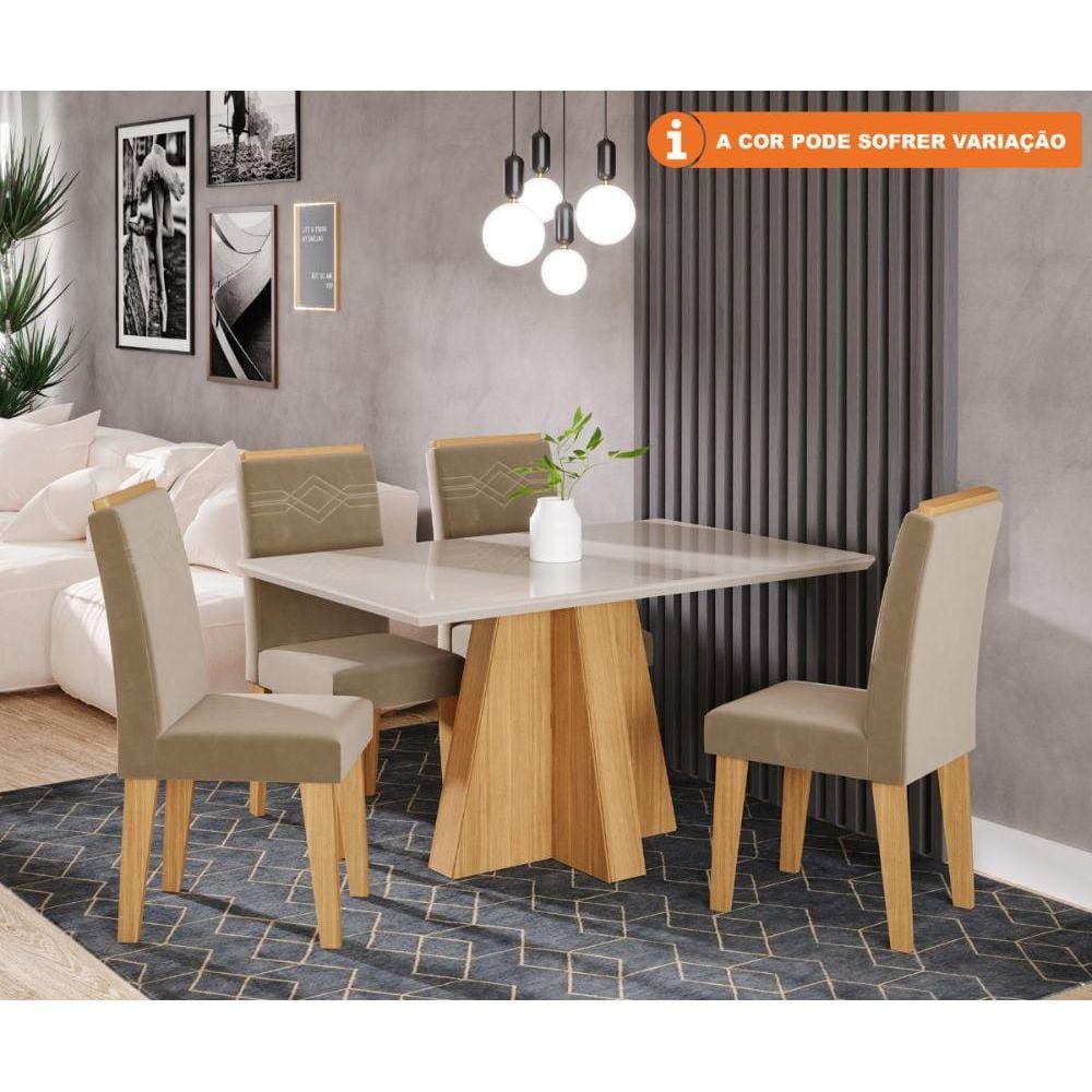 Conjunto Sala De Jantar Patricia 130X80 Tampo MDF/Vidro 4 Cadeiras Tais Cimol Nature/Offwhite/Joli