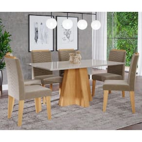 Conjunto Sala De Jantar Patricia 160X80 Tampo MDF/Vidro 6 Cadeiras Clarice Cimol Nature/Offwhite/Joli