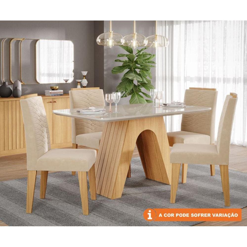 Conjunto Sala De Jantar Helena 210X100 Tampo MDF/Vidro 8 Cadeiras Clarice Cimol Nature/Offwhite/Joli