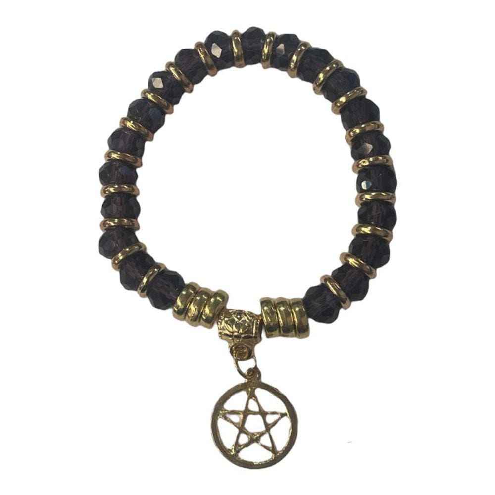 Pulseira Pingente Pentagrama Dourada Cristal Roxo e Silicone