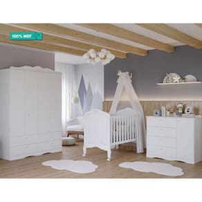 Quarto de Bebê Completo com Berço Mini Cama Harmonia, Cômoda 1 porta e Guarda roupa 4 Portas Encanto Permobili Branco