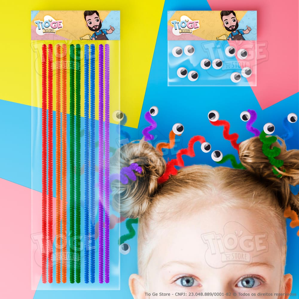 Kit Penteado Cabelo Maluco Infantil 10 Hastes Flexíveis de Pelúcia Colorido Arco-íris + 10 Olhos Móveis Autoadesivo