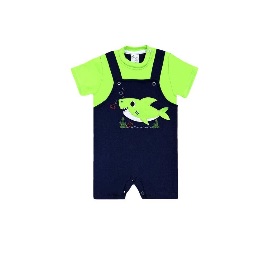 Macaquinho Jardineira Bebê Menino Tubarão Azul Marinho e Verde Neon - Brotinhos