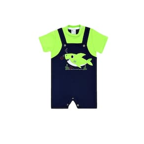 Macaquinho Jardineira Bebê Menino Tubarão Azul Marinho e Verde Neon - Brotinhos