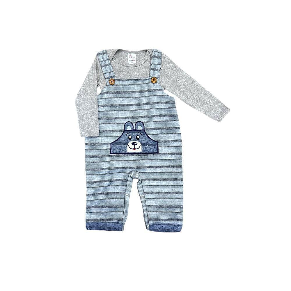 Conjunto Infantil Menino Jardineira Urso Azul com Body Mescla - Brotinhos