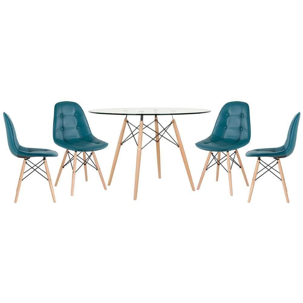 Mesa Eames Com Tampo De Vidro 120 Cm + 4 Cadeiras Estofadas Eiffel Botonê Turquesa Turquesa