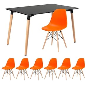 Mesa De Jantar Retangular Eames 80 X 120 Cm Preto + 6 Cadeiras Eiffel Dsw Laranja