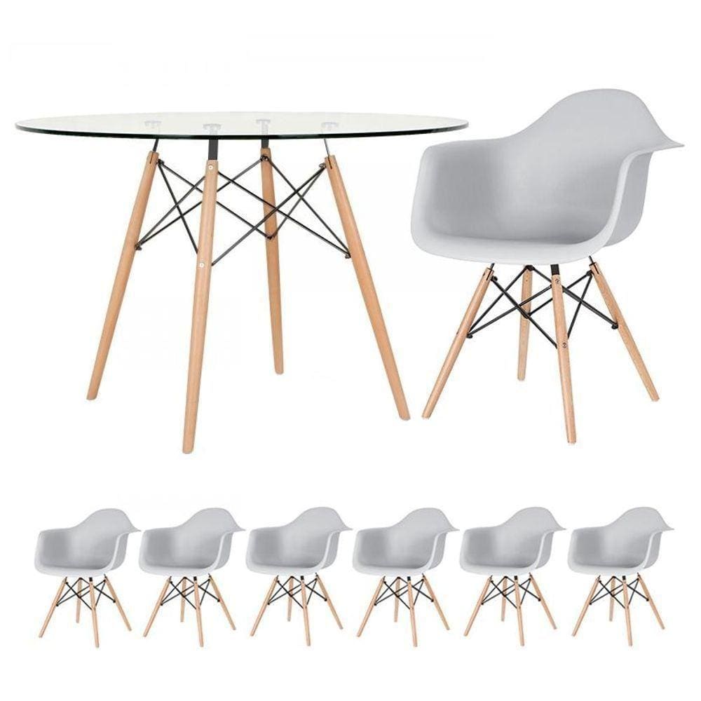 Mesa Redonda Eames Com Tampo De Vidro 120 Cm + 6 Cadeiras Eiffel Daw Cinza Claro Cinza Claro