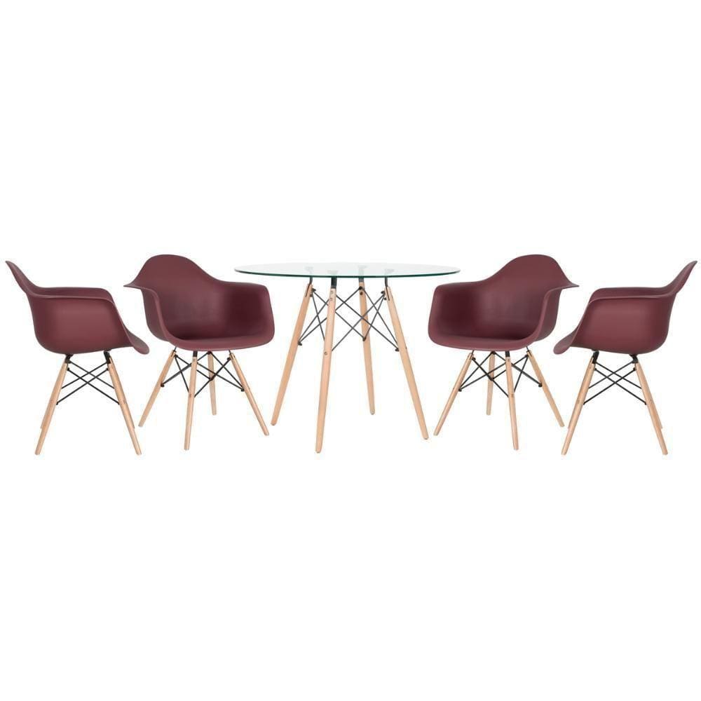 Mesa Redonda Eames Com Tampo De Vidro 100 Cm + 4 Cadeiras Eiffel Daw Marrom Marrom