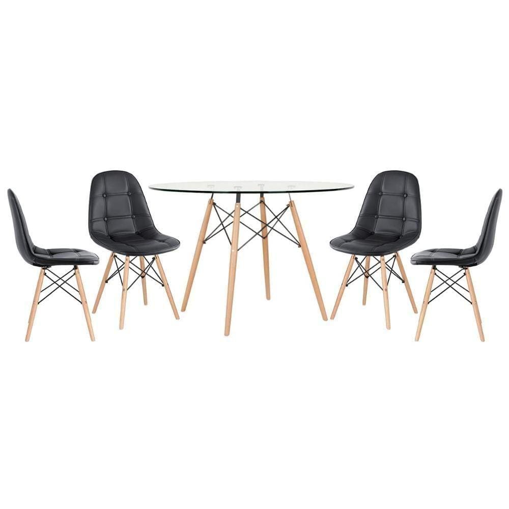 Mesa Eames Com Tampo De Vidro 120 Cm + 4 Cadeiras Estofadas Eiffel Botonê Preto Preto