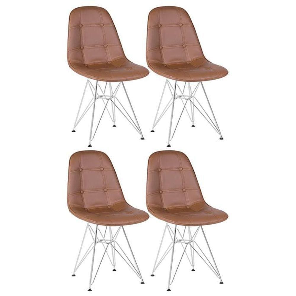 Kit 4 Cadeiras Estofadas Charles Eames Eiffel Botonê Com Pés De Metal Cromado Marrom Marrom