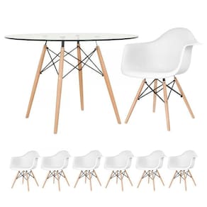 Mesa Redonda Eames Com Tampo De Vidro 120 Cm + 6 Cadeiras Eiffel Daw Branco Branco