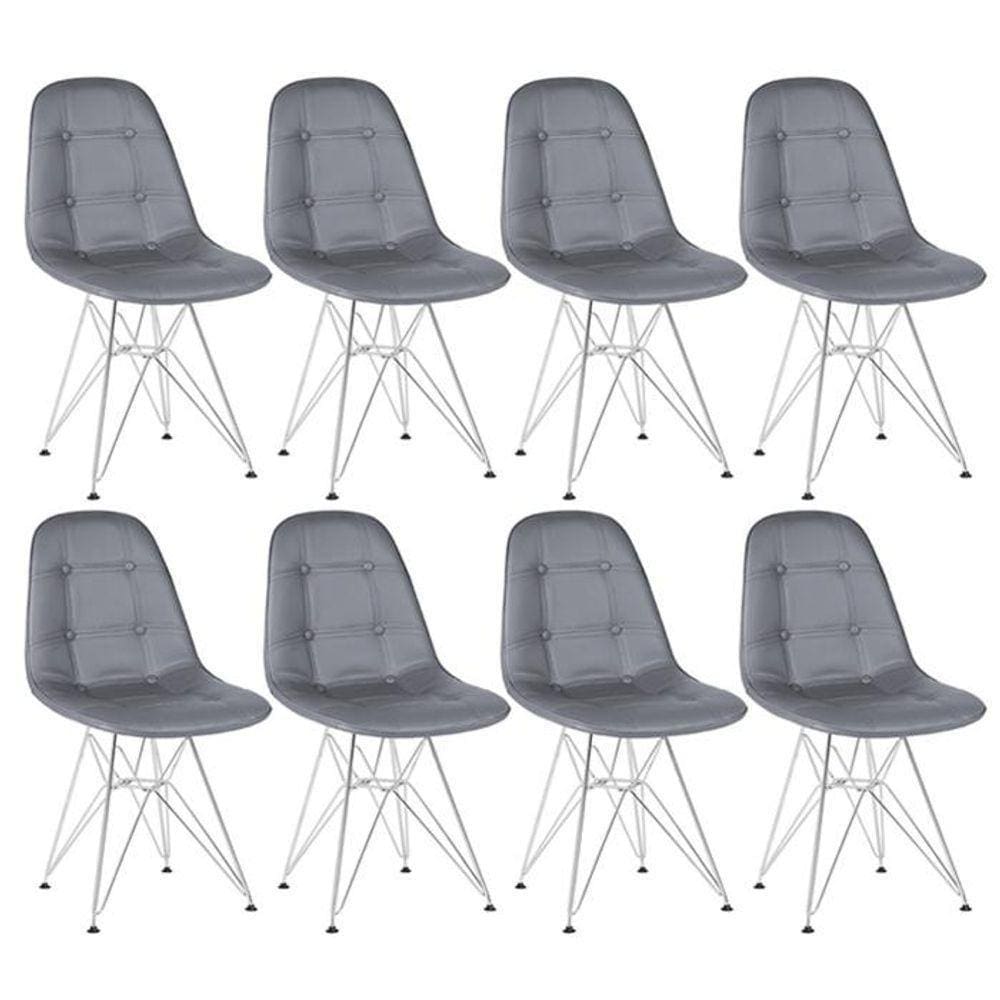 Kit 8 Cadeiras Estofadas Charles Eames Eiffel Botonê Com Pés De Metal Cromado Cinza Escuro