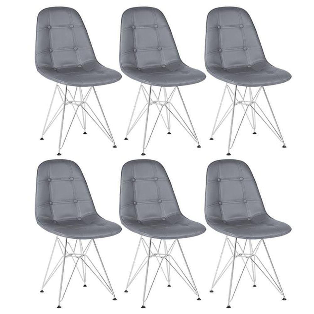 Kit 6 Cadeiras Estofadas Charles Eames Eiffel Botonê Com Pés De Metal Cromado Cinza Escuro