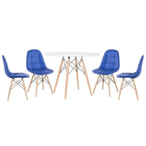 Mesa Redonda Eames 100 Cm Branco + 4 Cadeiras Estofadas Eiffel Botonê Azul Azul