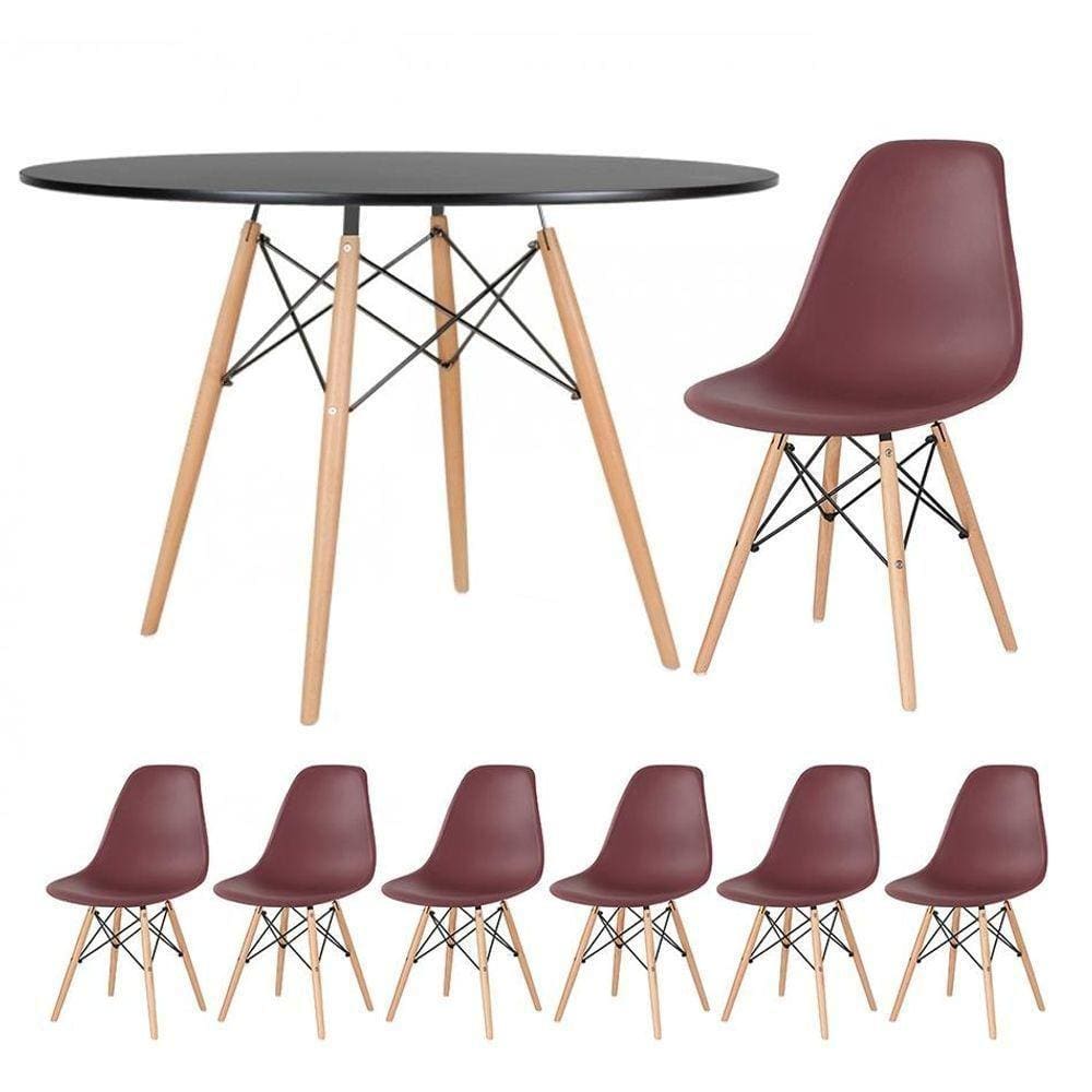Mesa Redonda Eames 120cm Preto + 6 Cadeiras Marrom