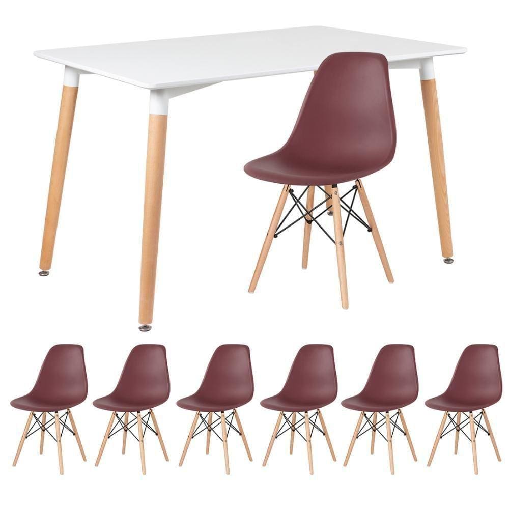 Mesa Retangular 80 X 120 Cm Branco + 6 Cadeiras Marrom