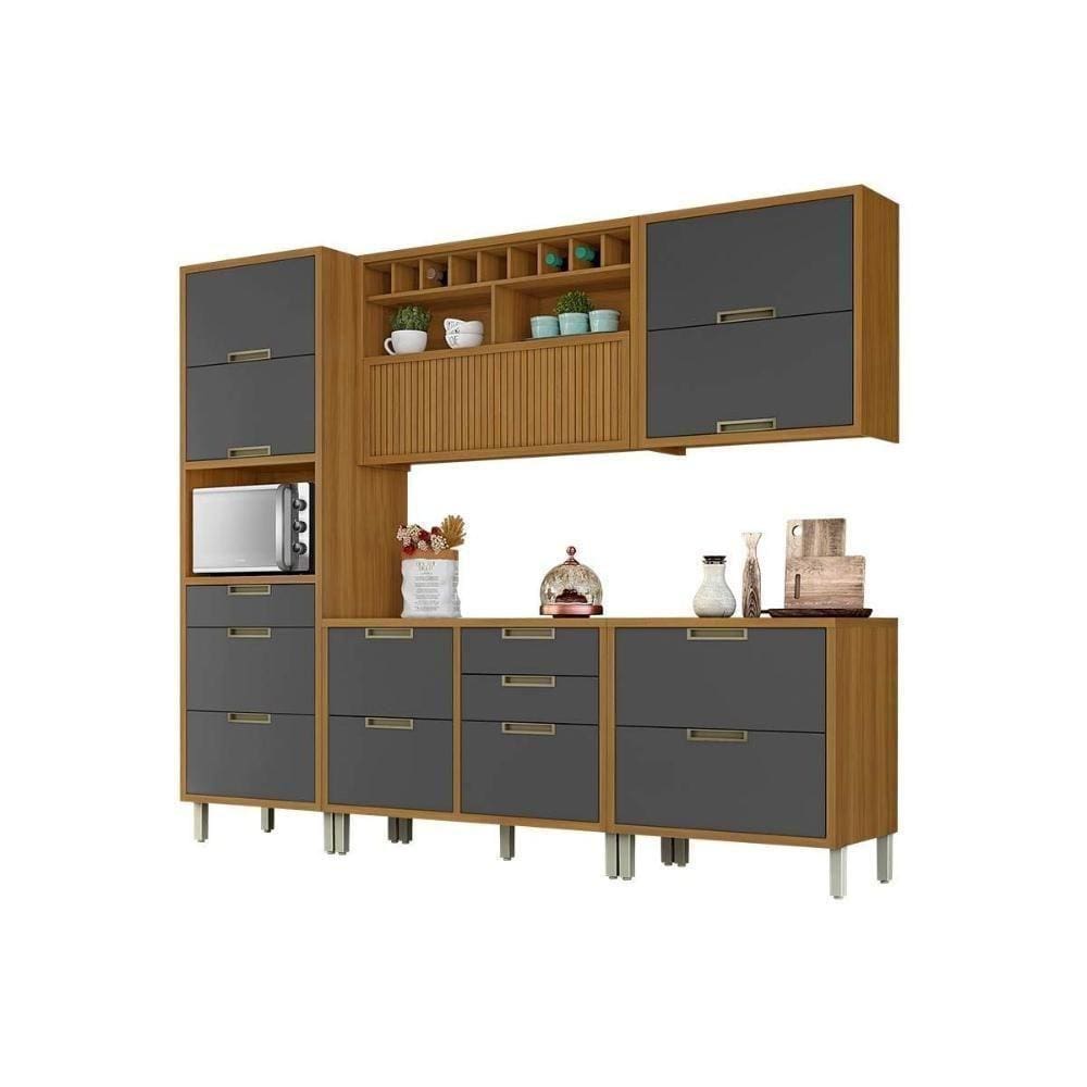 Cozinha Modulada Nesher Completa Nesher Imperatriz 5pçs 2 Balcões 2 Aéreos+ Paneleiro Freijo/Grafite