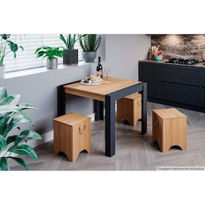 Conjunto: Mesa De Cozinha Grace C- Tampo Madeirado 90cm + 4 Bancos Kim Cinza-nature - Cimol