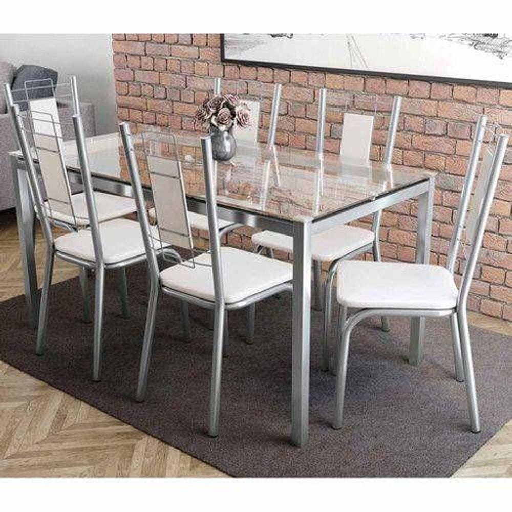Conjunto: Mesa De Cozinha Reno Vidro 150cm + 6 Cadeiras Cromada-branco - Kappesberg