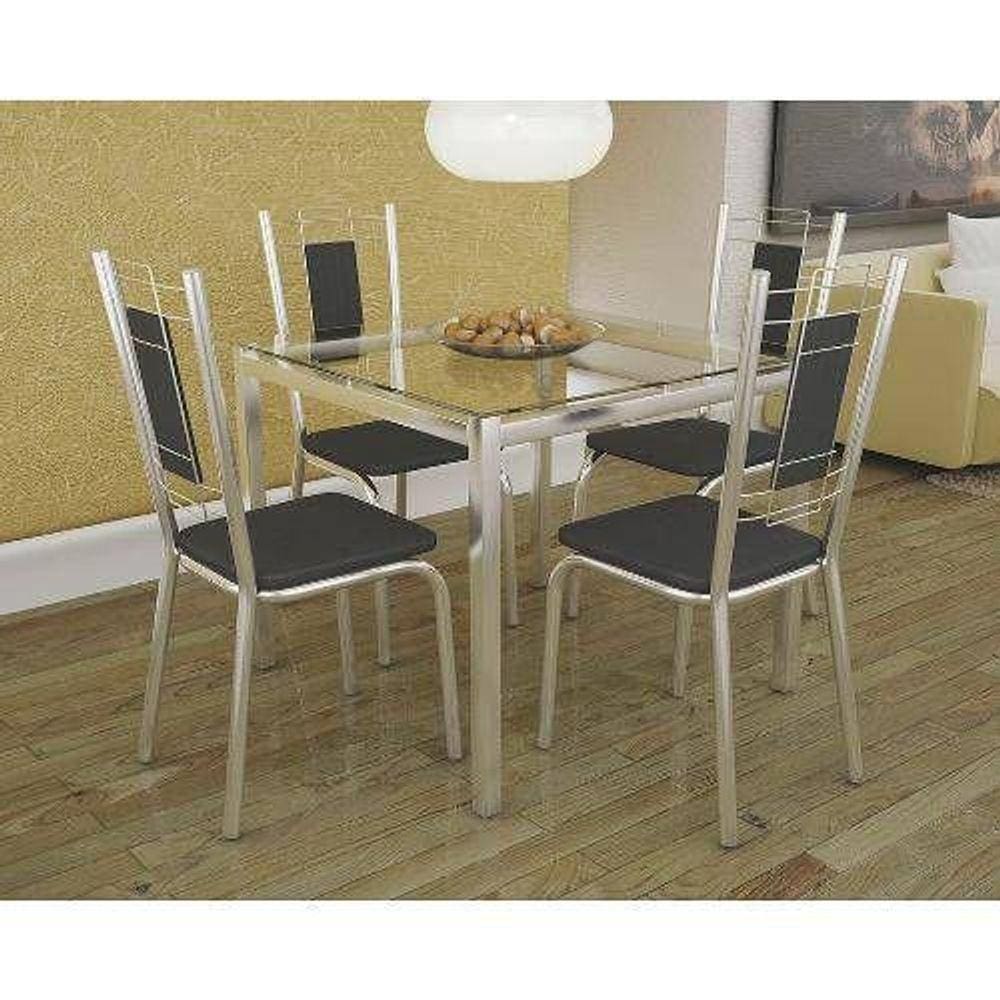 Kit Mesa Reno C- Tampo Vidro 90cm + 4 Cadeiras Florença Cromada Preto