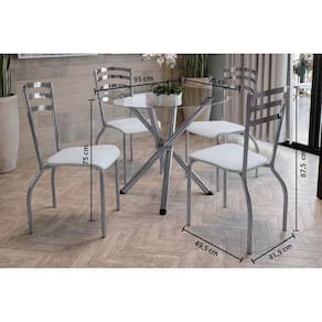 Kit Mesa Volga C- Tampo Vidro 95cm + 4 Cadeiras Portugal Cromada Branco