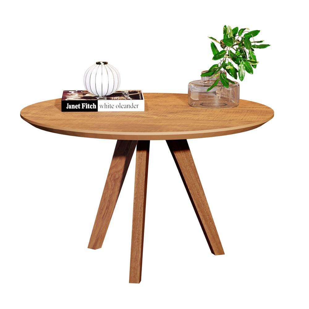 Mesa de Centro Redonda com Pés de Madeira em MDF Cor Canela