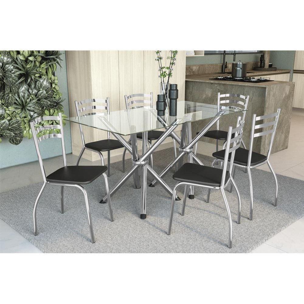 Kit Mesa Volga C- Tampo de Vidro 150cm + 6 Cadeiras Portugal Cromada Assento Preto