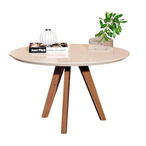 Minimalista Mesa de Centro Redonda em MDF e Pés de Madeira Tampo Off White