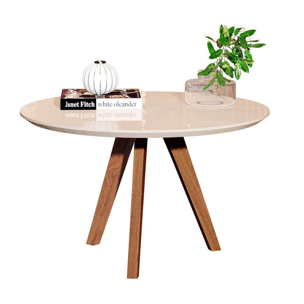 Mesa de Centro Redonda Cor Off White: Estilo com Pés de Madeira