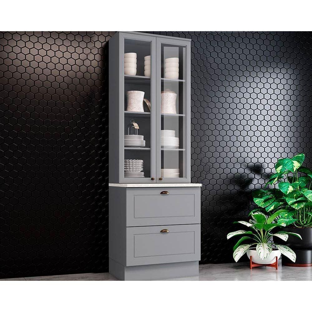 Paneleiro De Cozinha Modulado Cristaleira C/ 2 Portas (2 C/vidro) C/ 2 Gavetas 71.5cm Cinza