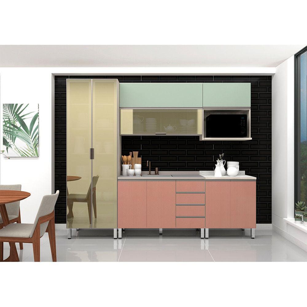 Armário de Cozinha Compacta 6 Peças sem Tampo Legno Crema com Gaia e Verde Jade Luci Luciane Móveis