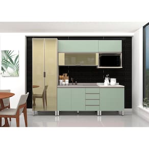 Armário de Cozinha Compacta 6 Peças sem Tampo de 120cm Legno Crema com Verde Luci Luciane Móveis