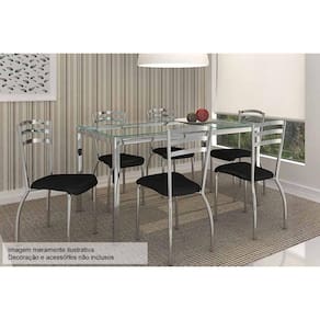 Kit Mesa Reno C- Tampo de Vidro 150cm + 6 Cadeiras Portugal Cromada Preto