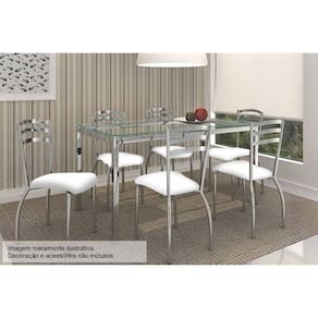 Kit Mesa Reno C- Tampo de Vidro 150cm + 6 Cadeiras Portugal Cromada Branco