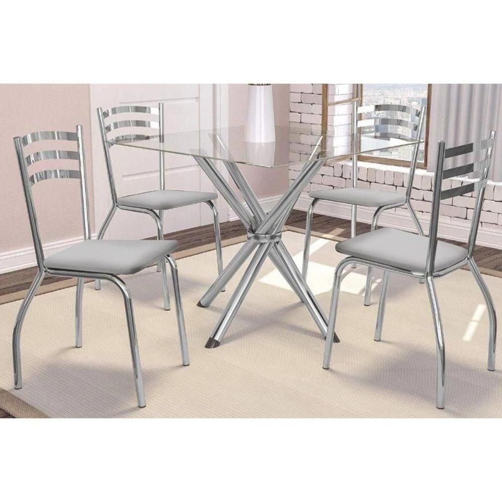 Kit Mesa Volga C- Tampo de Vidro 90cm + 4 Cadeiras Portugal Cromada Branco