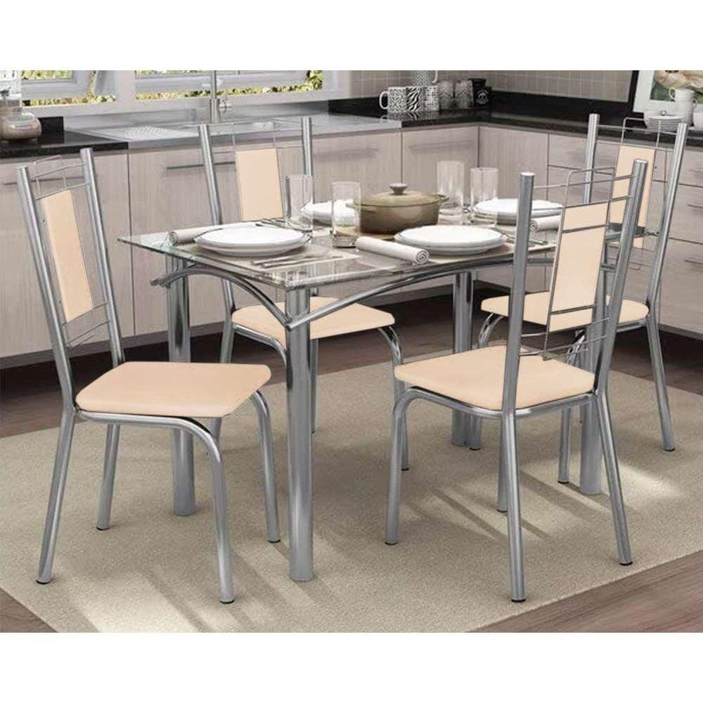 Kit Mesa Elba C- Tampo Vidro 120cm + 4 Cadeiras Florença Cromada Nude