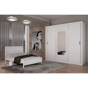 Guarda Roupas 3 Portas De Correr E 4 Gavetas C- Espelho E Pés Veneza Premium Branco - Rufato