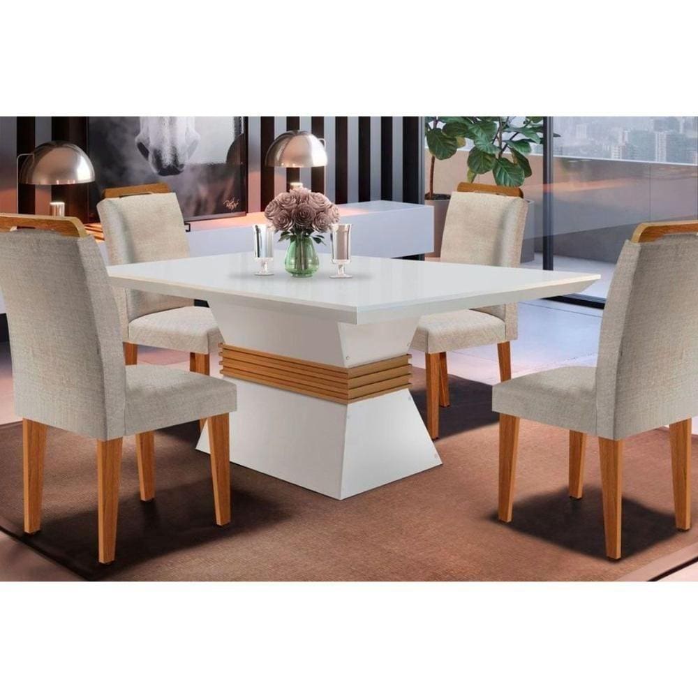 Kit Mesa Tampo Reto 120cm + 4 Cadeiras Imbuia Veludo Creme