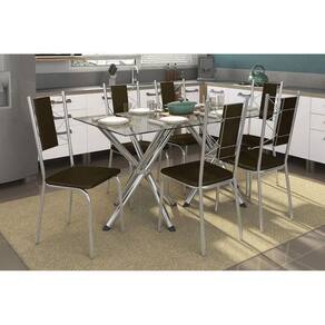 Kit Mesa Volga C- Tampo de Vidro 150cm + 6 Cadeiras Lisboa Cromado Marrom