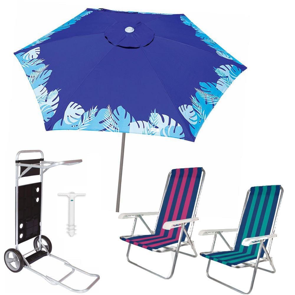 Kit Guarda Sol Ombrelone 2,4m Azul Carrinho Praia Avanço 2 Cadeira Reclinável 4 Posições Saca Areia - Tobee