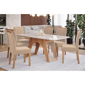 Kit Mesa Carol C- Tampo Vidro 180cm + 6 Cadeiras Nature Off White Madeira Nude