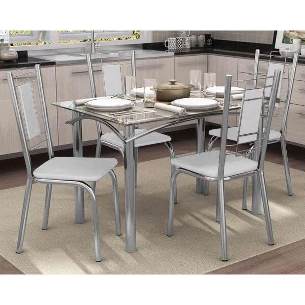 Conjunto: Mesa De Cozinha Elba De Vidro 120cm + 4 Cadeiras Cromada-branco - Kappesberg