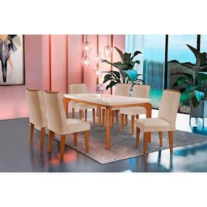Kit Mesa Londrina Tampo Vidro 180cm + 6 Cadeiras Lunara Imbuia Veludo Creme