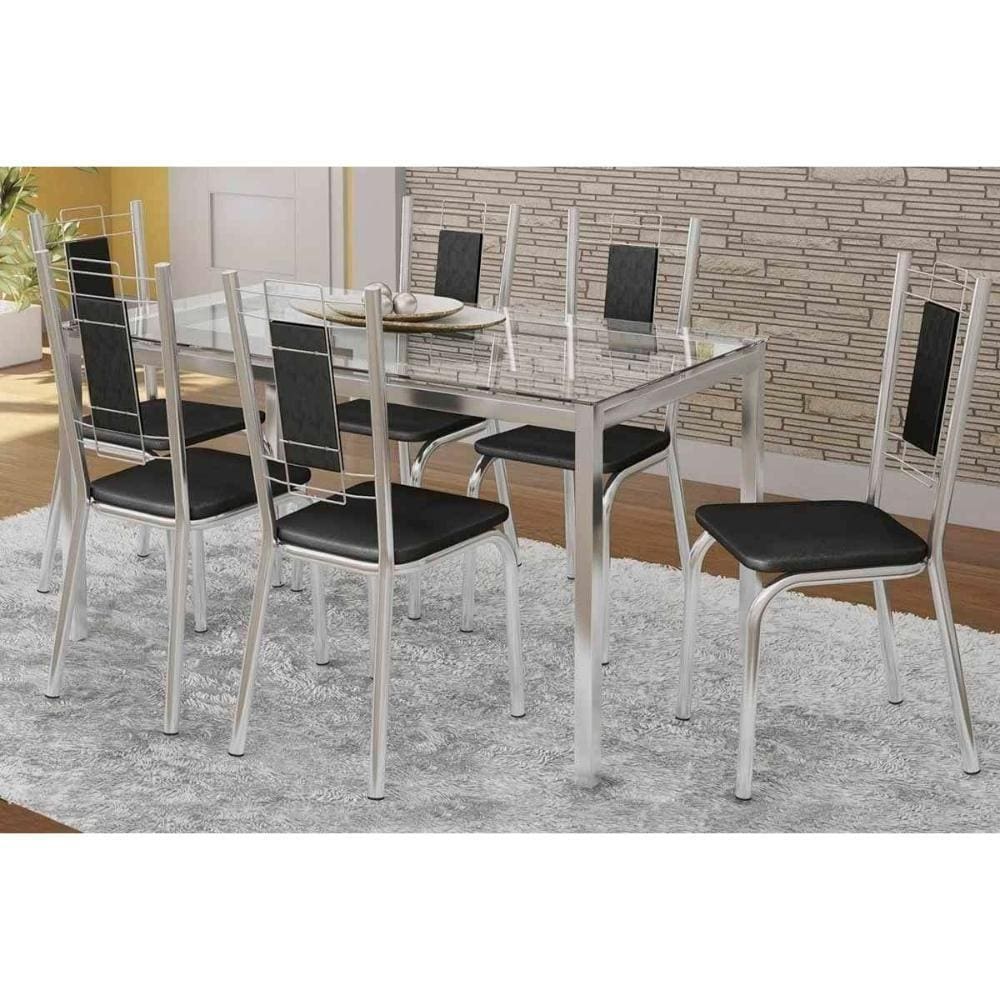 Kit Mesa Reno C- Tampo de Vidro 150cm + 6 Cadeiras Florença Cromada Assento Preto