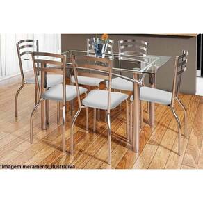 Kit Mesa Elba C- Tampo de Vidro 150cm + 6 Cadeiras Portugal Cromada Branco