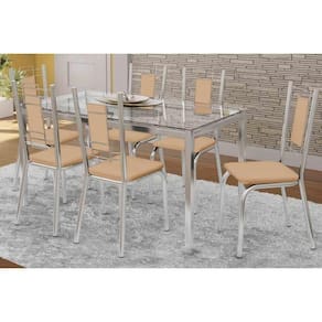 Kit Mesa Reno C- Tampo Vidro 150cm + 6 Cadeiras Florença Cromada Nude