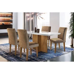 Kit Mesa Sala JantarC- Tampo Vidro Canto Reto 120cm + 4 Cadeiras Imbuia Chocolate